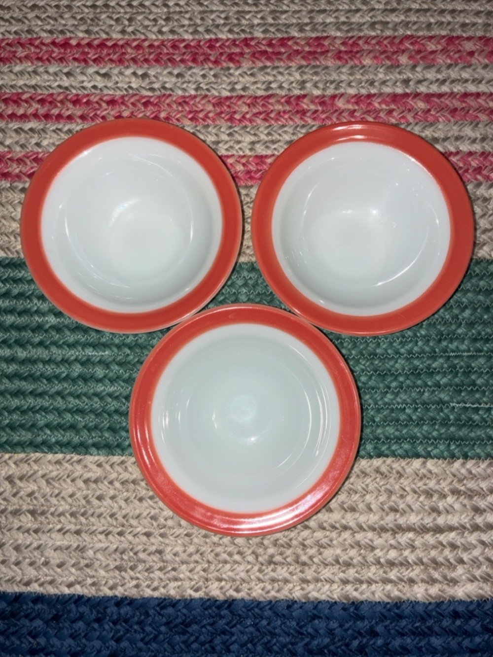 Set of 3 Vintage PYREX Orange Band Milk Glass Bowls - 12oz Model 410 - MCM